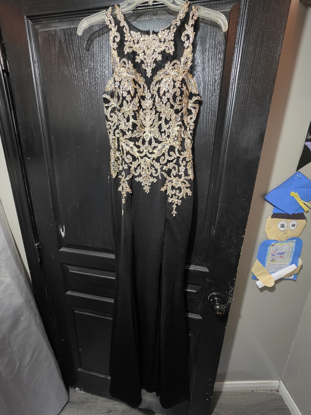 Elegant Black Prom Dress with Gold Appliqué